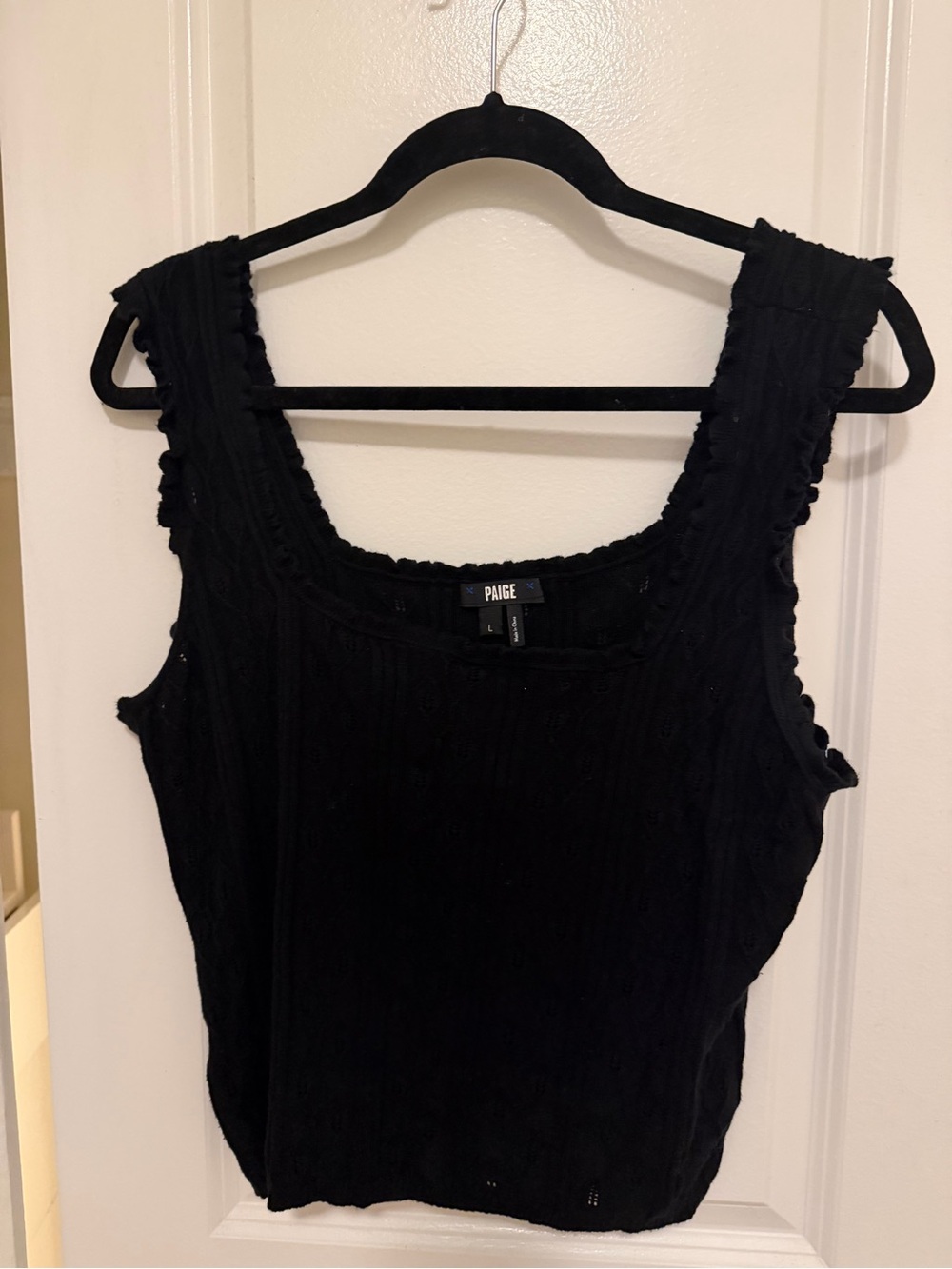 PAIGE Women's Black Sleeveless Ruffle-Trim Cable-Knit Tank